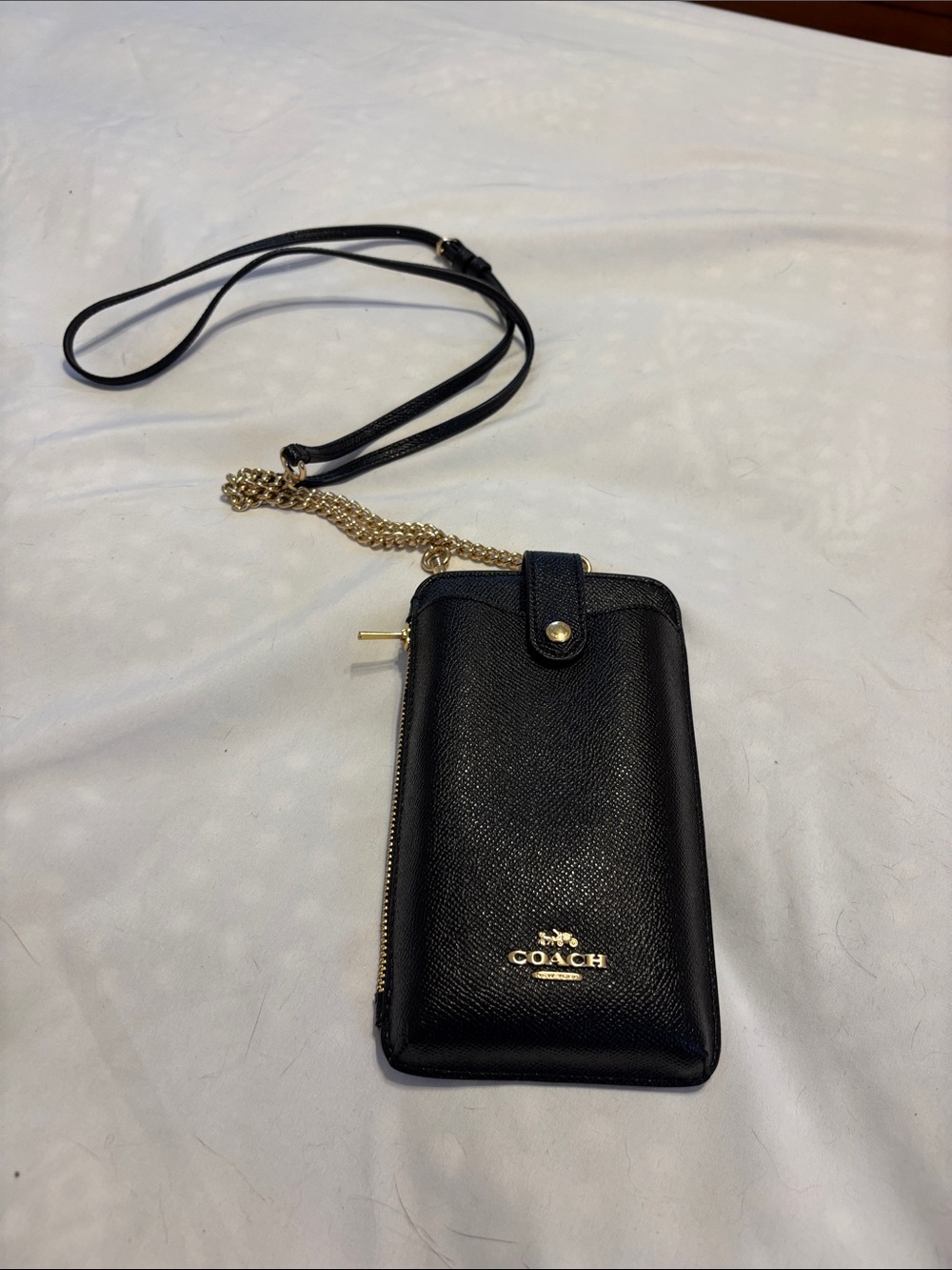 Coach Black Leather Crossbody Phone Pouch with Gold Hardware